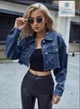 Fashionable casual distressed blue denim cropped jacket with long sleeves for women - XS / Tops / Deep Washed Blue
