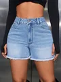 Close-up of high-waisted light blue denim shorts featuring a stylish raw hem detail - S (28) / Bottoms / Blue
