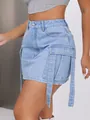 Close-up detail of light blue cargo denim mini skirt featuring long stylish straps - S / Blue