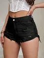 Damen Denim-Shorts mit hoher Taille und ausgefranstem Saum in schlichtem Schwarz - Schwarz