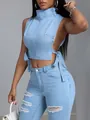 Λεπτομέρεια από σέξι γαλάζιο τζιν crop top με κορδόνια στο πλάι και ψηλό λαιμό - S / Tops / Μπλε