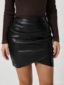 Detail of a black high-waisted PU leather mini skirt with a stylish overlapping tulip hem. - S / Bottoms / Black