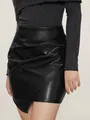 Fashionable black PU leather mini skirt with an asymmetrical hem and pleated detail - S / Bottoms / Black