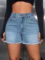 Light blue high-waisted denim shorts with trendy frayed raw hem and straight-leg fit - L (32) / Bottoms / Medium Blue