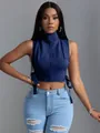 Μοντέρνο σκούρο μπλε τζιν crop top με ψηλό λαιμό και λεπτομέρειες με κορδόνια - M / Tops / Σκούρο Πλυμένο Μπλε