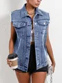 Stylish blue acid wash denim vest for women with frayed armholes and chest pockets - XS / Tops / Acid Wash Blue