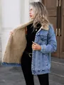 Oversized blue denim jacket featuring a warm beige fleece lining for cold weather - XS / Tops / Blue