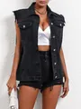 Close-up of women's black distressed denim vest with raw edges and flap pockets - XS / Tops / Dark Gray
