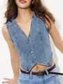 Close-up of a stylish light blue V-neck denim vest for women with button closure - XS / Tops / Medium Blue