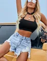 Short en jean taille haute bleu clair avec bords effilochés et détails usés tendance - XS / Bas / Bleu
