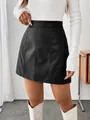 Detail showing the vertical seam design of the black PU leather A-line mini skirt - S / Bottom (72660#) / Black