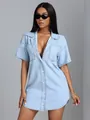 Detail shot of a women's light blue short-sleeved loose denim shirt with lapel collar - S / Top And Bottom / Light Blue