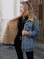 Loose fit women's blue denim jacket featuring a warm beige fleece lining and buttons - XS / Tops / Dark Blue