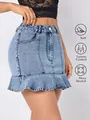 High waist denim mini skirt with ruffle hem in light blue wash for a casual summer look - L / Bottoms / Blue