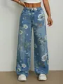 Jean large avec imprimé floral sur toute la longueur pour un look urbain et tendance - S / Bas / Bleu