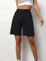 Fashionable high-waisted black denim Bermuda shorts with raw hem in casual style - XS / Bottoms / Black
