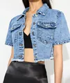 Detailed view of a trendy women's acid wash cropped denim jacket with short sleeves - XS / Tops / Blue