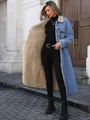 Oversized long denim coat with beige sherpa fleece lining for winter - XS / Tops / Blue