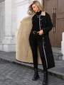 Long black denim jacket for women with warm faux shearling lining and loose fit style - XS / Tops / Black