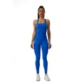 Full-length view of a woman in a royal blue seamless one-piece yoga jumpsuit. - Klein Blue