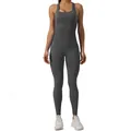 Grey seamless one-piece yoga jumpsuit featuring a ribbed texture and sleek backless design - Gun Grey