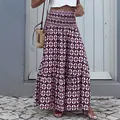 Gonna lunga boho con stampa geometrica, vita alta a punto smock e balze a strati - Taglia S / Pantaloni e gonne / Viola