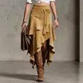 Jupe asymétrique en daim de style Western avec ceinture à glands et volants. - S / Bas / Kaki