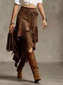 Close-up detail of vintage Western suede midi skirt with irregular hem and tassel - S / Dark Brown
