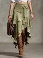 Detailed shot of olive green suede asymmetrical midi skirt with tassel rope belt - S / Green