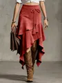 Western retro red suede midi skirt with irregular hem and tassel waist tie details. - S / Red