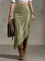 Elegante gonna midi in camoscio verde stile western con orlo asimmetrico e lunghe frange - Taglia S / Verde
