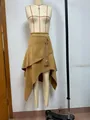 Western style irregular faux suede midi skirt with tassel rope on a mannequin - S / Khaki