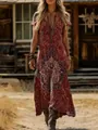 Vintage bohemian floral print maxi dress with V-neck and short sleeves for summer - S / V-Neck Style (F-808154) / Red