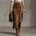 Gonna scamosciata marrone stile western con bordo a frange irregolare, look retrò - Taglia S / Marrone scuro