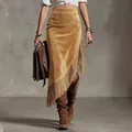 Gonna midi asimmetrica in pelle scamosciata stile western con frange color cammello - Taglia S / Kaki