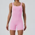 Rosa nahtloser gerippter Yoga-Einteiler für Damen mit quadratischem Ausschnitt und Shorts - S / Oberteil Und Unterteil / Rosa