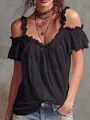 Dettaglio di un elegante top nero con spalle scoperte e volant per donna estate - Taglia S / Top / Nero