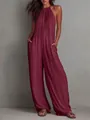 Maroon pleated halter wide-leg jumpsuit with pockets for casual resort wear. - S / Top And Bottom / Burgundy
