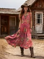 Full view of vintage Bohemian print sleeveless maxi dress styled with cowboy hat - S / Red