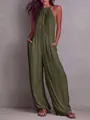 Sleeveless olive green pleated halter jumpsuit with wide-leg design for vacation - Army Green