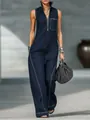 Stylish navy blue sleeveless jumpsuit with stand collar and white contrast stitching detail - S / Jumpsuits / Navy Blue
