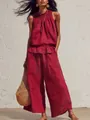 Ensemble bohème en lin rouge vin avec un haut à volants et un pantalon large fluide - S / Haut Et Bas / Écarlate