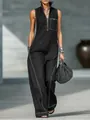 Detail of black sleeveless linen jumpsuit with white contrast stitching and standing collar - S / Jumpsuits / Black