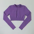 Top corto sportivo viola senza cuciture a maniche lunghe con mezza zip per yoga e fitness - Taglia S / Top (Manica Lunga) / Viola