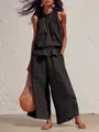 Ensemble bohème rétro en coton et lin noir avec haut à volants et pantalon large - S / Haut Et Bas / Noir