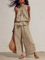 Photo de mannequin d'un ensemble deux pièces en lin bohème kaki avec volants - S / Haut Et Bas / Kaki