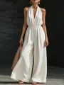 Elegant white V-neck halter wide-leg jumpsuit with cinched waist for chic summer look - S / Top And Bottom / White