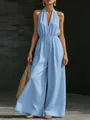 Elegant light blue halter V-neck wide-leg jumpsuit featuring a chic backless design - S / Top And Bottom / Sky Blue