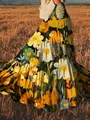 Detailed view of elegant bohemian floral oil painting print on a romantic maxi skirt. - S / Bottoms / Yellow