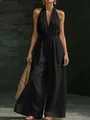 Detailed view of elegant black halter neck wide-leg jumpsuit for stylish summer wear - S / Top And Bottom / Black